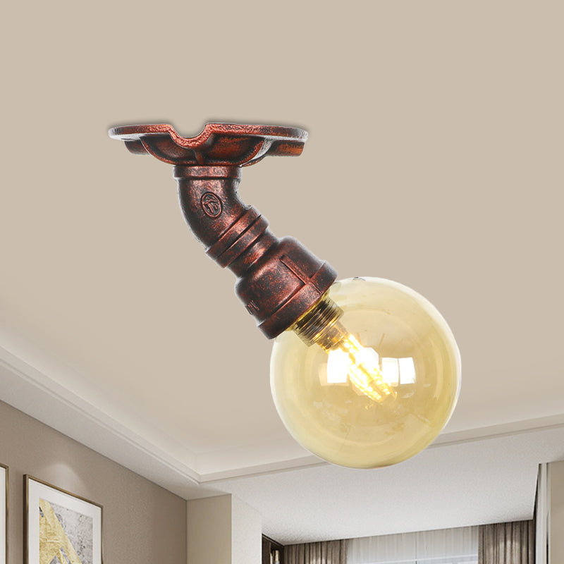 Copper Finish Semi Flush Mount Vintage Ceiling Lamp with Amber Glass Orb