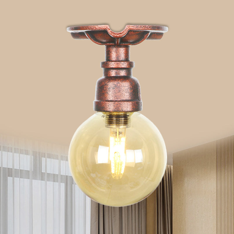Copper Finish Semi Flush Mount Vintage Ceiling Lamp with Amber Glass Orb