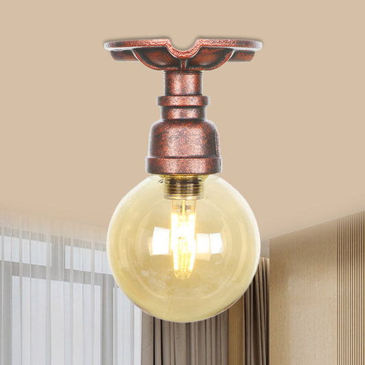 Copper Finish Semi Flush Mount Vintage Ceiling Lamp with Amber Glass Orb