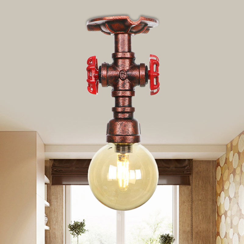 Copper Finish Semi Flush Mount Vintage Ceiling Lamp with Amber Glass Orb