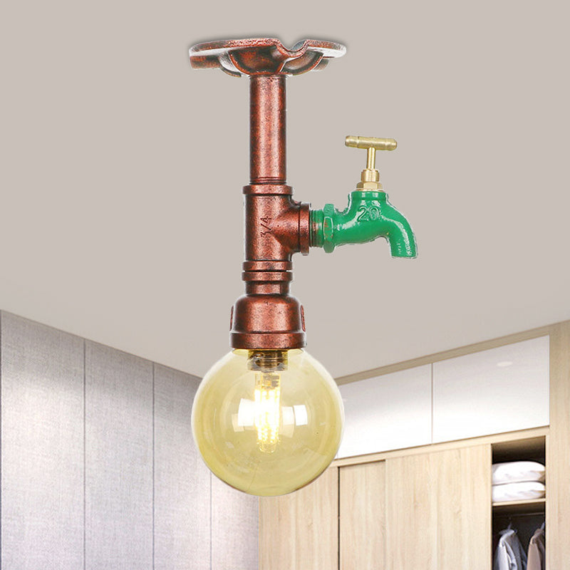 Copper Finish Semi Flush Mount Vintage Ceiling Lamp with Amber Glass Orb