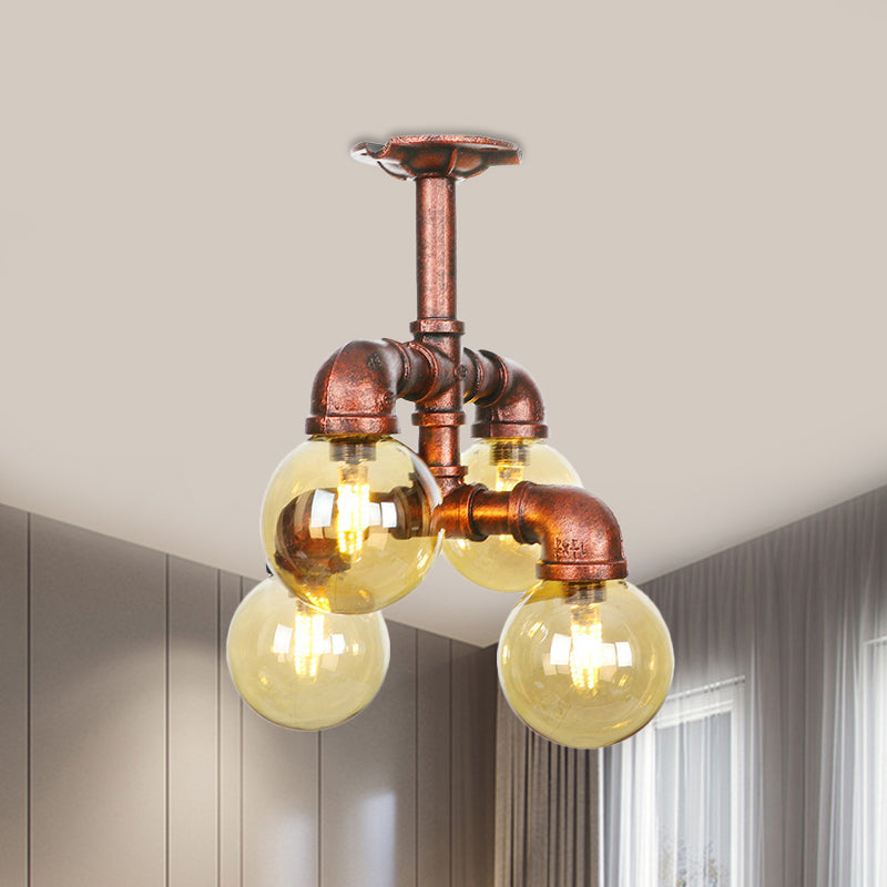 Plafonnier LED semi-monté en cuivre avec verre ambré - Farmhouse Global Design