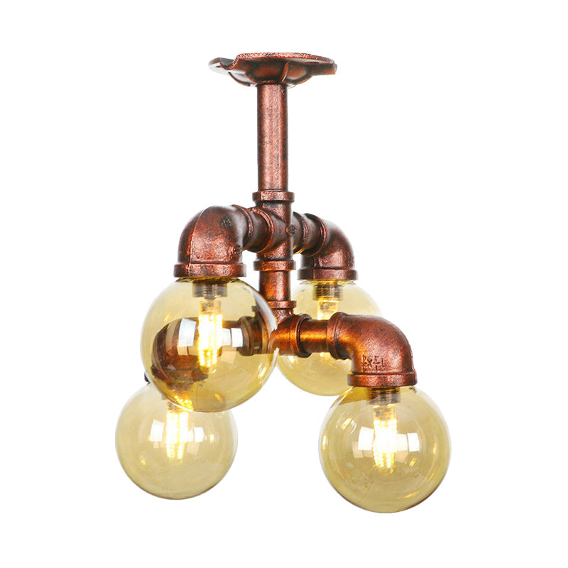 Plafonnier LED semi-monté en cuivre avec verre ambré - Farmhouse Global Design