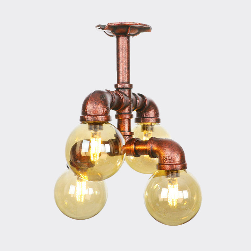 Plafonnier LED semi-monté en cuivre avec verre ambré - Farmhouse Global Design