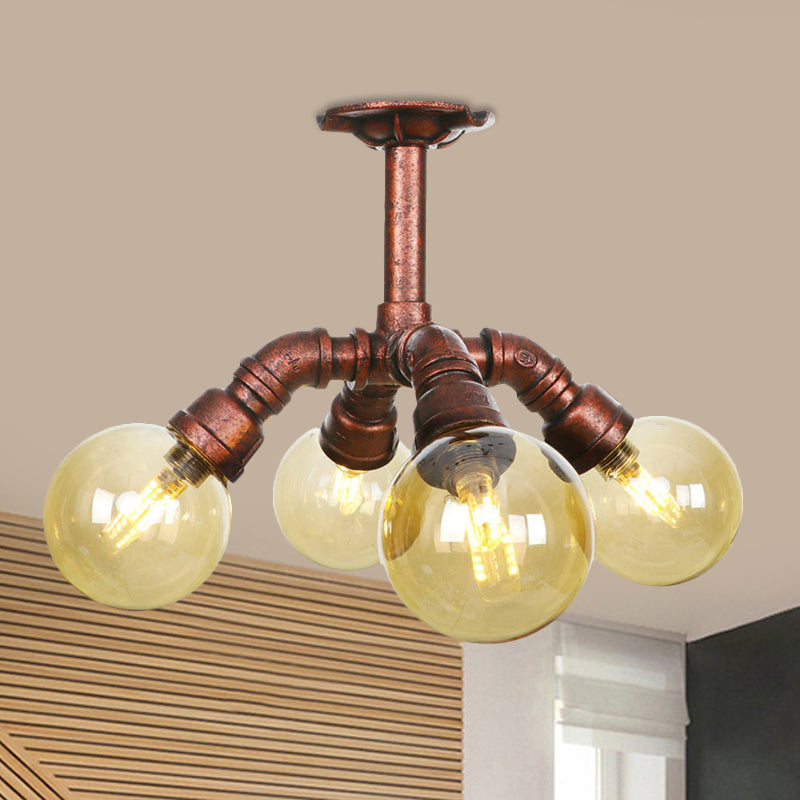 Plafonnier LED semi-monté en cuivre avec verre ambré - Farmhouse Global Design
