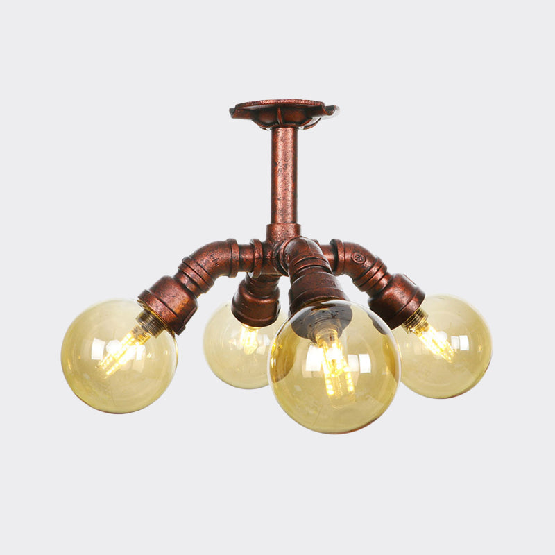 Plafonnier LED semi-monté en cuivre avec verre ambré - Farmhouse Global Design