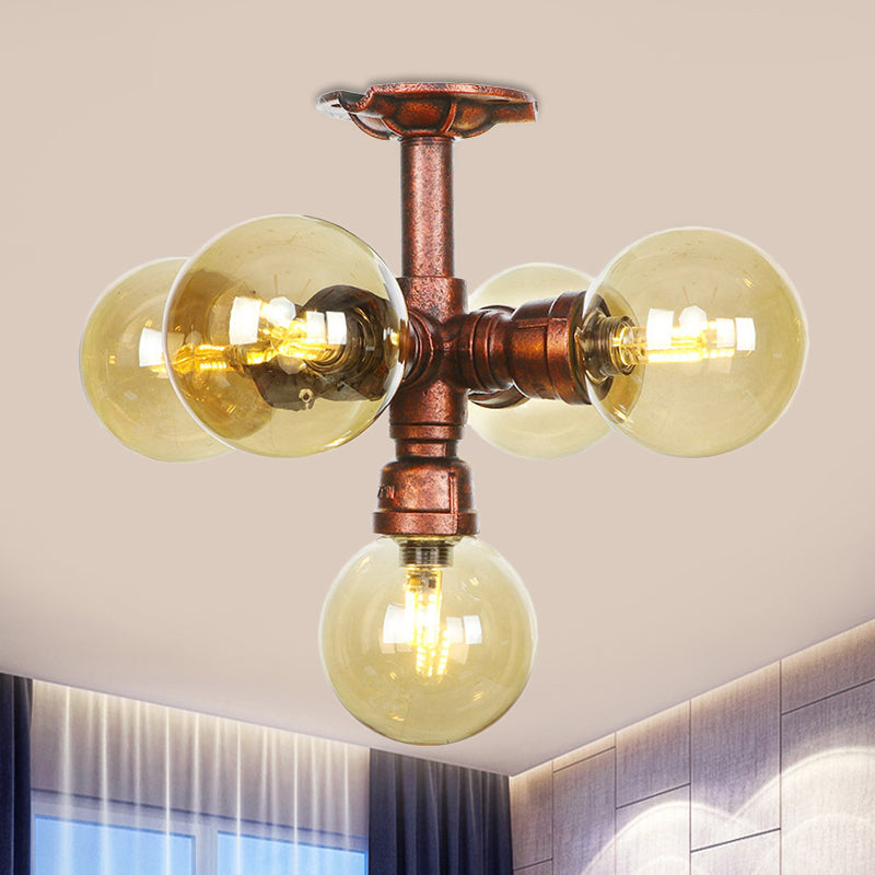 Plafonnier LED semi-monté en cuivre avec verre ambré - Farmhouse Global Design