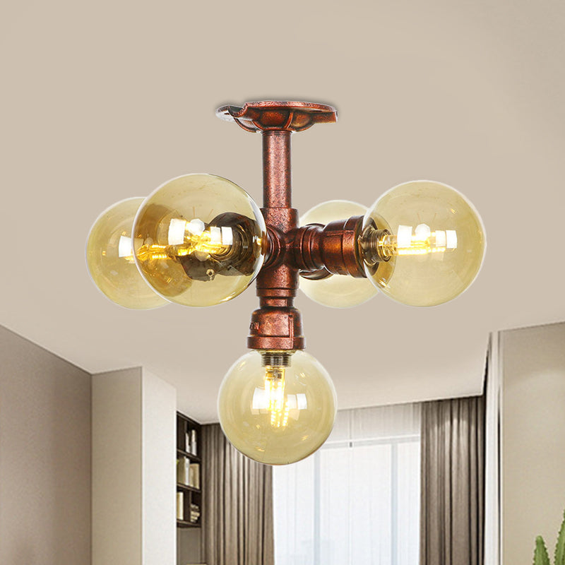 Plafonnier LED semi-monté en cuivre avec verre ambré - Farmhouse Global Design