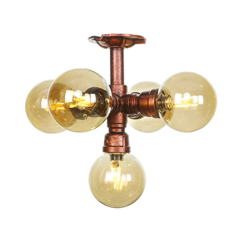Plafonnier LED semi-monté en cuivre avec verre ambré - Farmhouse Global Design