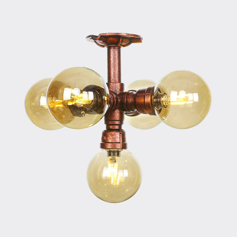 Plafonnier LED semi-monté en cuivre avec verre ambré - Farmhouse Global Design