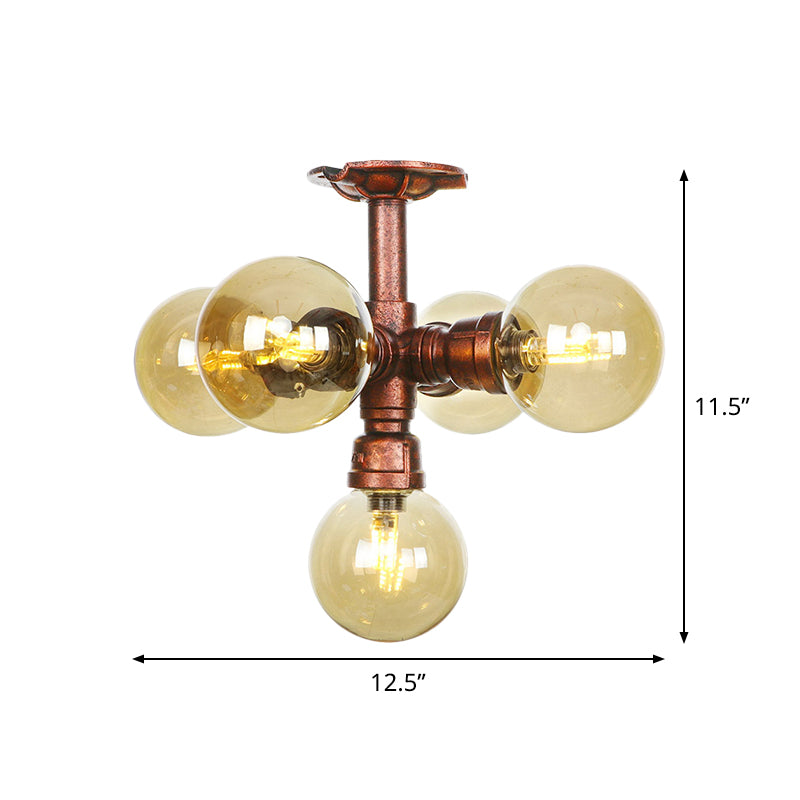 Plafonnier LED semi-monté en cuivre avec verre ambré - Farmhouse Global Design