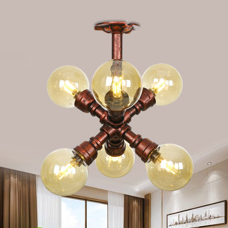 Plafonnier LED semi-monté en cuivre avec verre ambré - Farmhouse Global Design