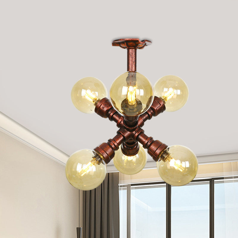 Plafonnier LED semi-monté en cuivre avec verre ambré - Farmhouse Global Design