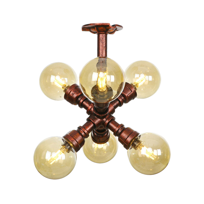 Plafonnier LED semi-monté en cuivre avec verre ambré - Farmhouse Global Design