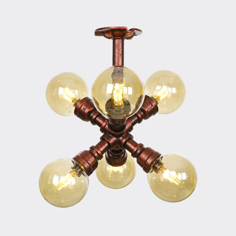 Plafonnier LED semi-monté en cuivre avec verre ambré - Farmhouse Global Design