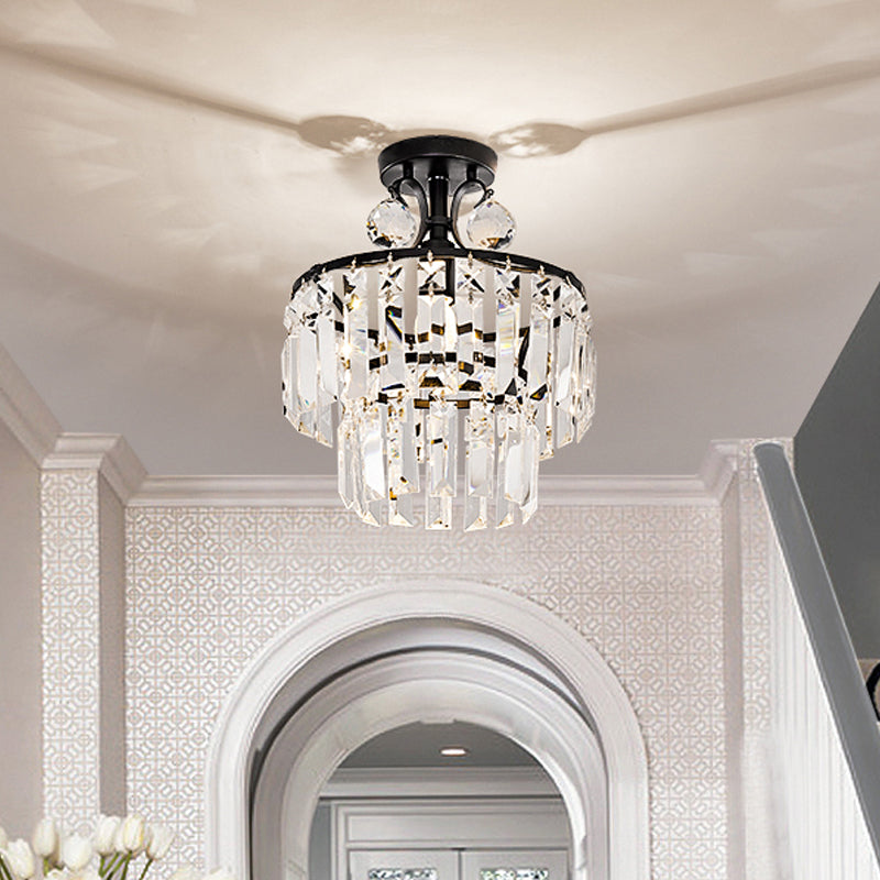 Modern Crystal Ceiling Lamp with 1-Light Semi Mount and Round 2-Tier Shade for Hallway