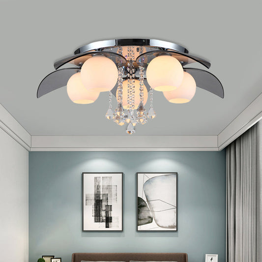 Contemporary Flush Mount Lamp with Milkglass, Crystal Strand & Leaf Decor - 5 Lights - Ideal for Hotels and Ceilings