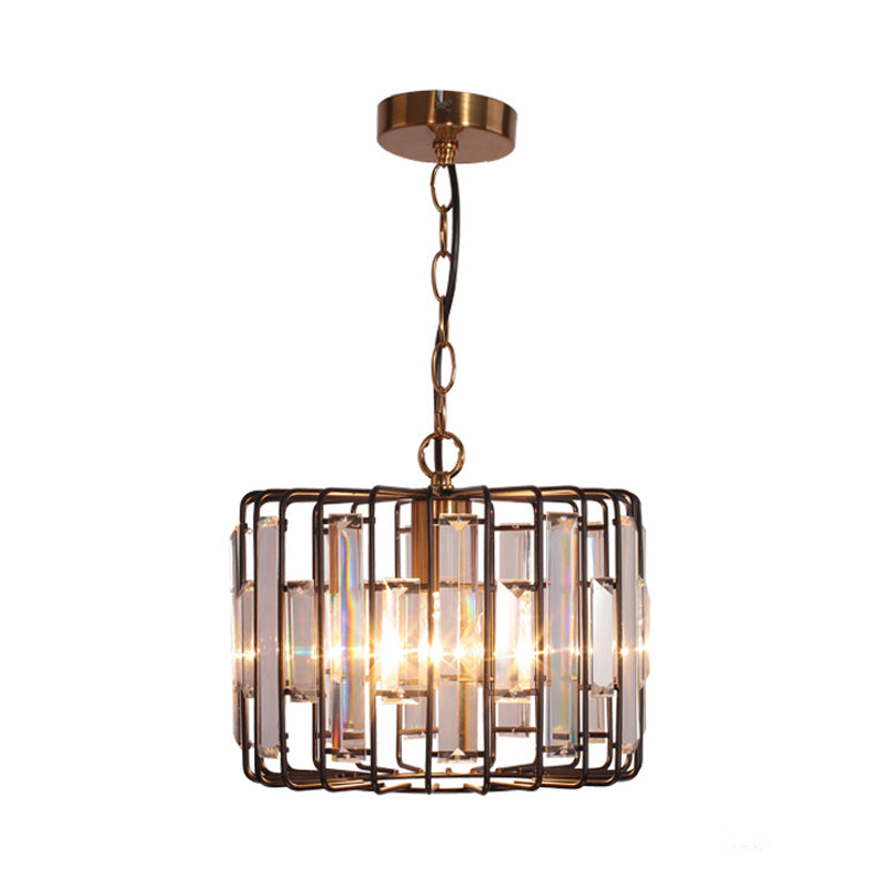 Brass Hanging Light Drum Cage with Crystal Accents - 11"/13" Wide 1-Light Rustic Ceiling Pendant for Living Room