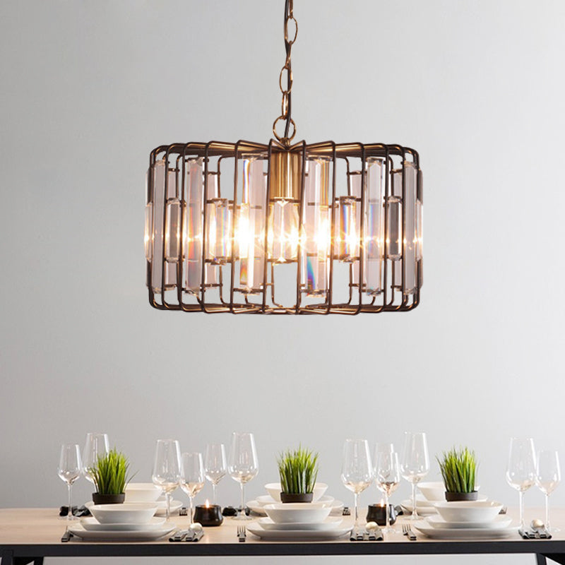 Brass Hanging Light Drum Cage with Crystal Accents - 11"/13" Wide 1-Light Rustic Ceiling Pendant for Living Room