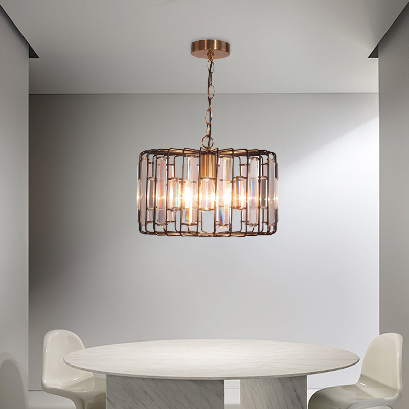 Brass Hanging Light Drum Cage - Crystal Embedded 11/13 Wide 1-Light Rustic Ceiling Pendant For