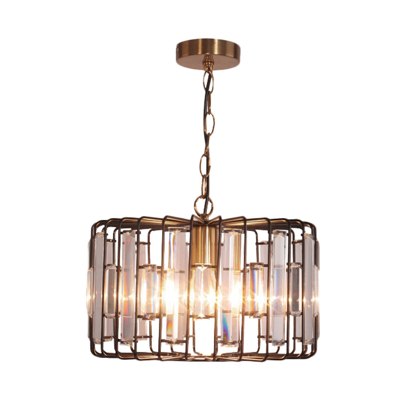 Brass Hanging Light Drum Cage with Crystal Accents - 11"/13" Wide 1-Light Rustic Ceiling Pendant for Living Room