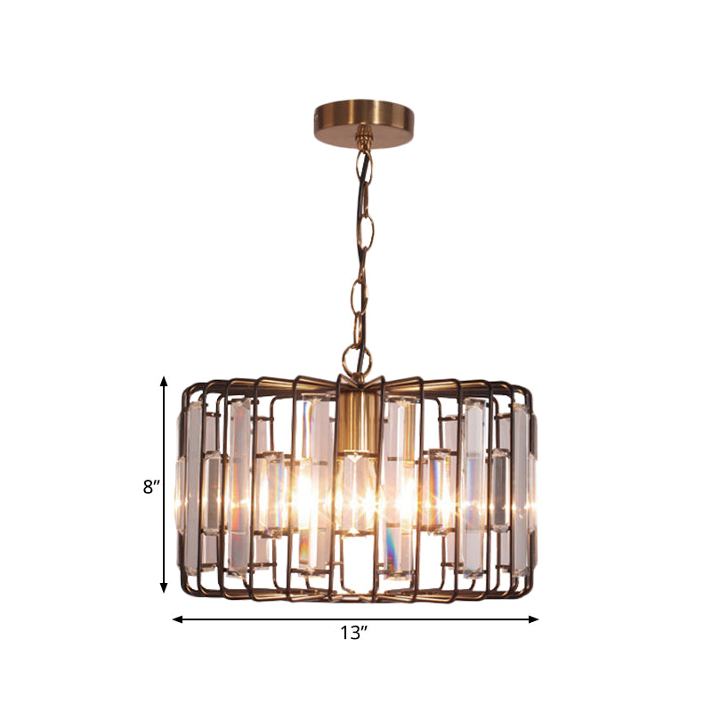 Brass Hanging Light Drum Cage with Crystal Accents - 11"/13" Wide 1-Light Rustic Ceiling Pendant for Living Room