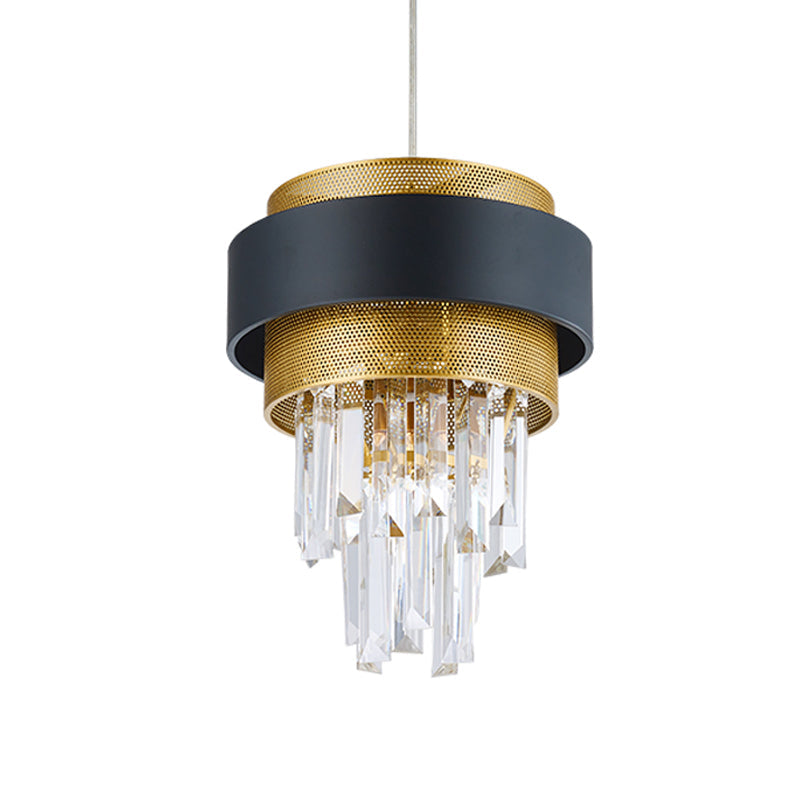 Retro Layered Hanging Lamp with Crystal Rod - 1 Bulb Suspension Lighting with Circle Guard in Black & Gold
