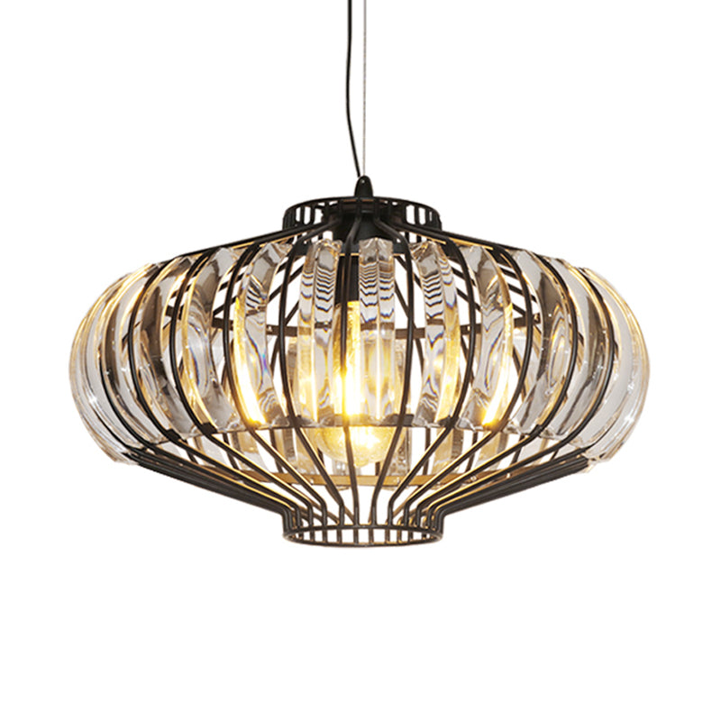 Vintage Black Crystal Pendant Ceiling Lamp with Lantern-Shaped Shade