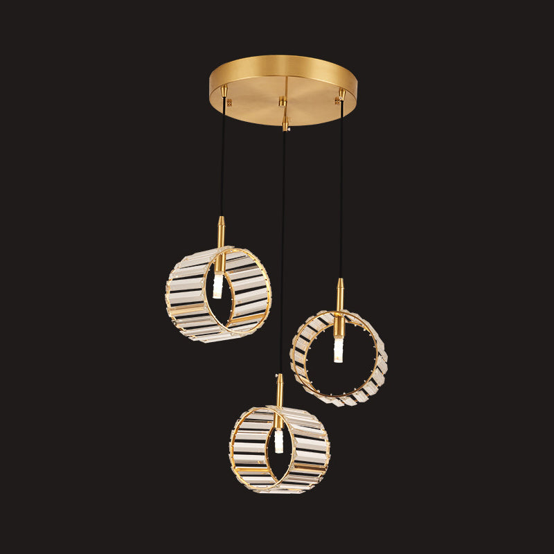 Brass Crystal Cluster Pendant Light - Minimalist Design, Ribbed Clear Glass, 3 Lights