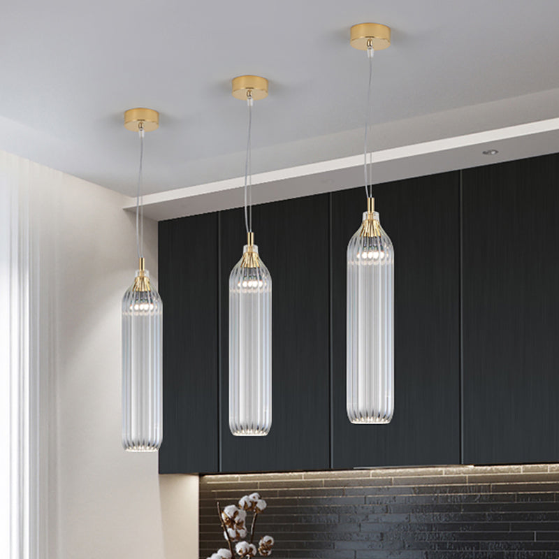Vintage Clear/Grey Ribbed Glass Cylinder Pendant Lamp - 1 Light, LED, Perfect for Dining Room Lighting