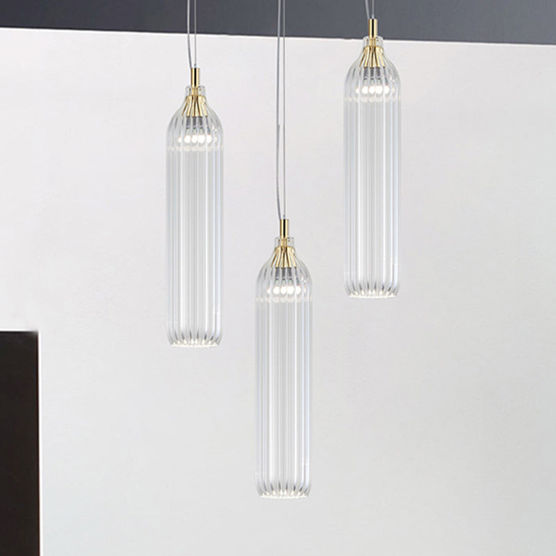 Vintage Clear/Grey Ribbed Glass Cylinder Pendant Lamp - 1 Light, LED, Perfect for Dining Room Lighting