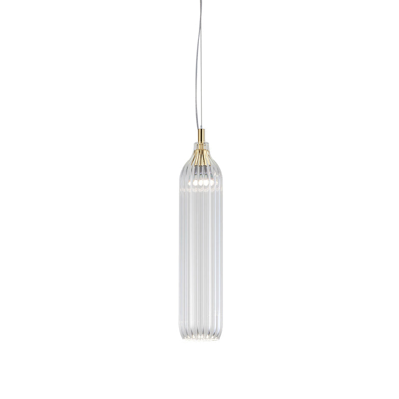 Vintage Clear/Grey Ribbed Glass Cylinder Pendant Lamp - 1 Light, LED, Perfect for Dining Room Lighting