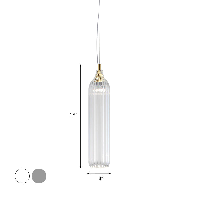 Vintage Clear/Grey Ribbed Glass Cylinder Pendant Lamp - 1 Light, LED, Perfect for Dining Room Lighting