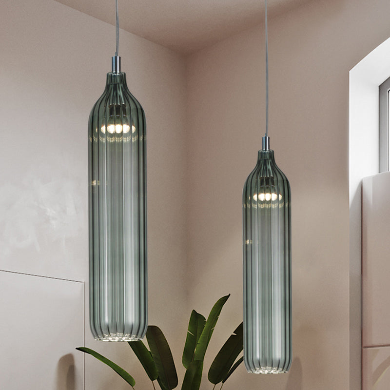 Vintage Ribbed Glass Led Pendant Lamp - Clear/Light Grey Cylinder Hanging Light For Dining Room Gray