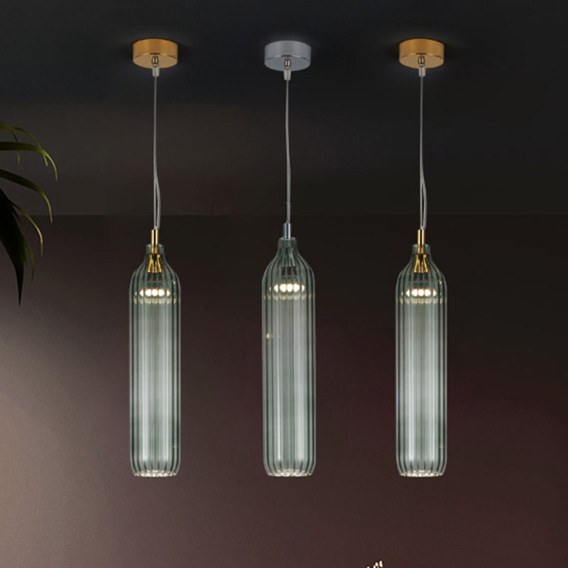 Vintage Clear/Grey Ribbed Glass Cylinder Pendant Lamp - 1 Light, LED, Perfect for Dining Room Lighting
