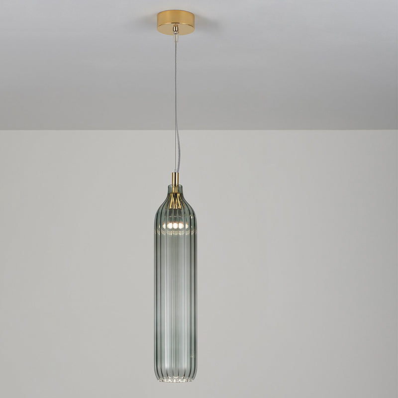 Vintage Ribbed Glass Led Pendant Lamp - Clear/Light Grey Cylinder Hanging Light For Dining Room