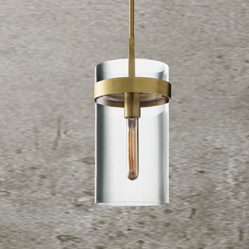 Postmodern Brass Cylinder Ceiling Pendant Light with Clear Glass