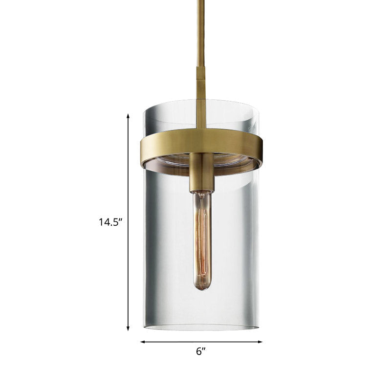 Postmodern Brass Cylinder Pendant Light With Clear Glass - Single Ceiling Lamp Kit
