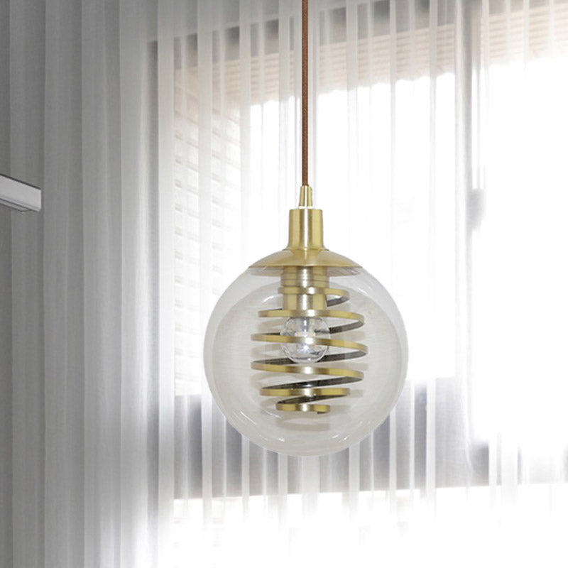 Modern Brass Bedroom Pendant Lamp with Clear Glass Shade - 1 Bulb, 6"/10" Wide - Global Modernism Hanging Lighting