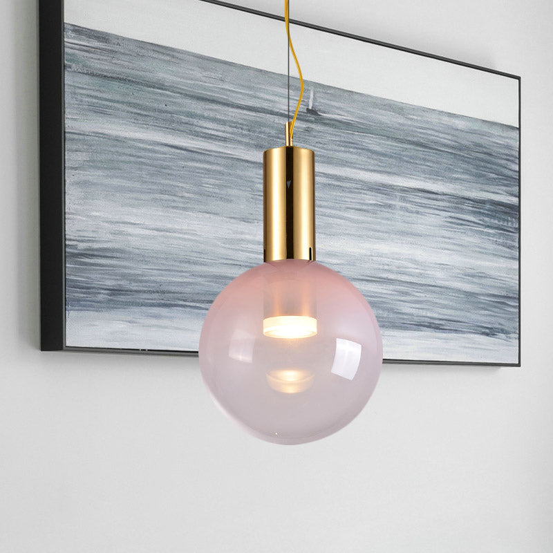 Contemporary 1-Head Gold Glass Ball Suspension Light With Gradient Pink Finish