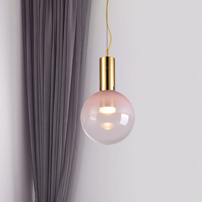 Contemporary 1-Head Gold Glass Ball Suspension Light With Gradient Pink Finish