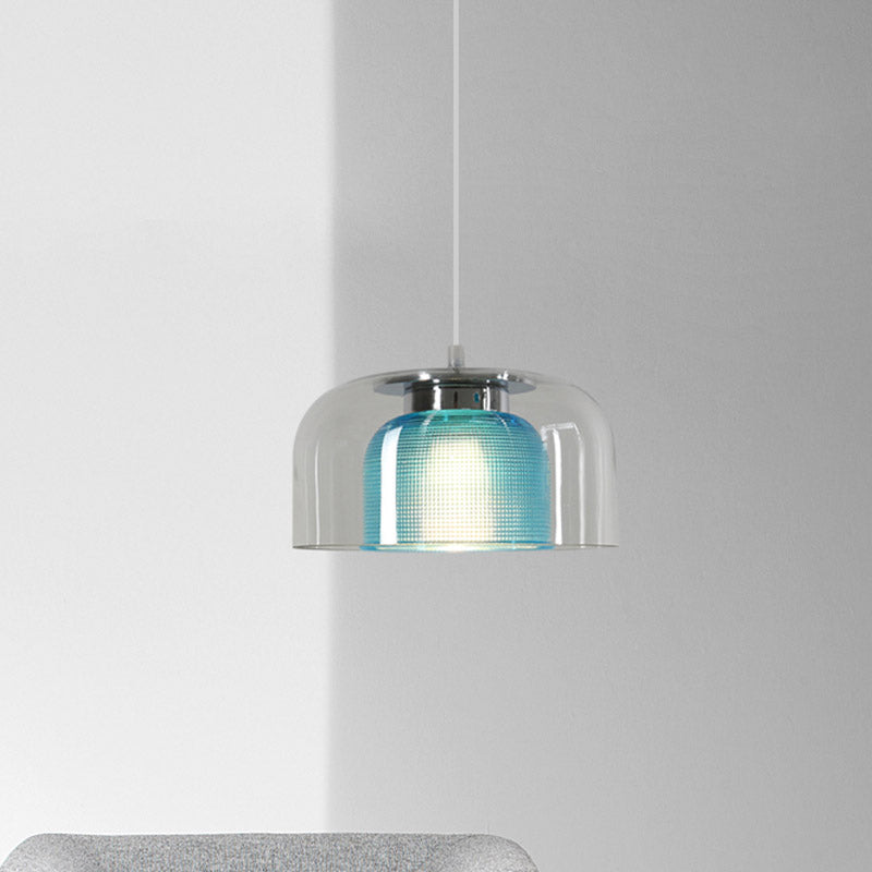Bowl Pendant Light - Clear And Blue Latticed Glass Modern Suspension Lamp