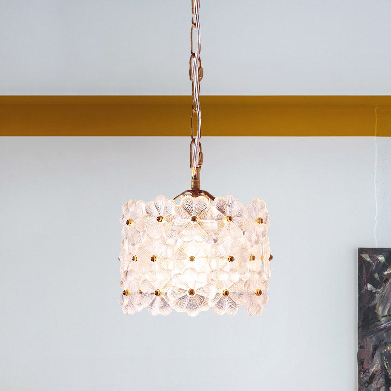 White Floral Glass Hanging Light Kit - Contemporary Brass Pendant Lamp