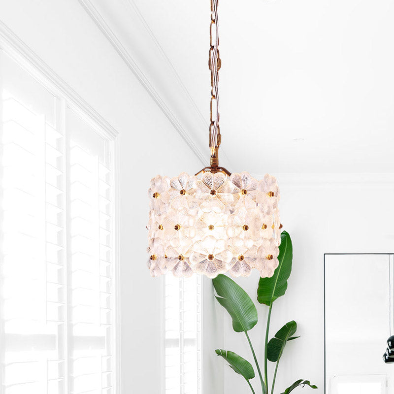 White Floral Glass Hanging Light Kit - Contemporary Brass Pendant Lamp