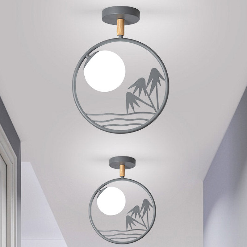 Iron Loop Semi Mount Lighting Macaron Ceiling Flush with Opal Glass Shade - 1 Light, White/Grey/Green Finish