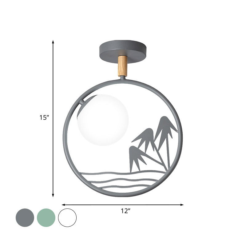 Iron Loop Semi Mount Lighting Macaron Ceiling Flush with Opal Glass Shade - 1 Light, White/Grey/Green Finish