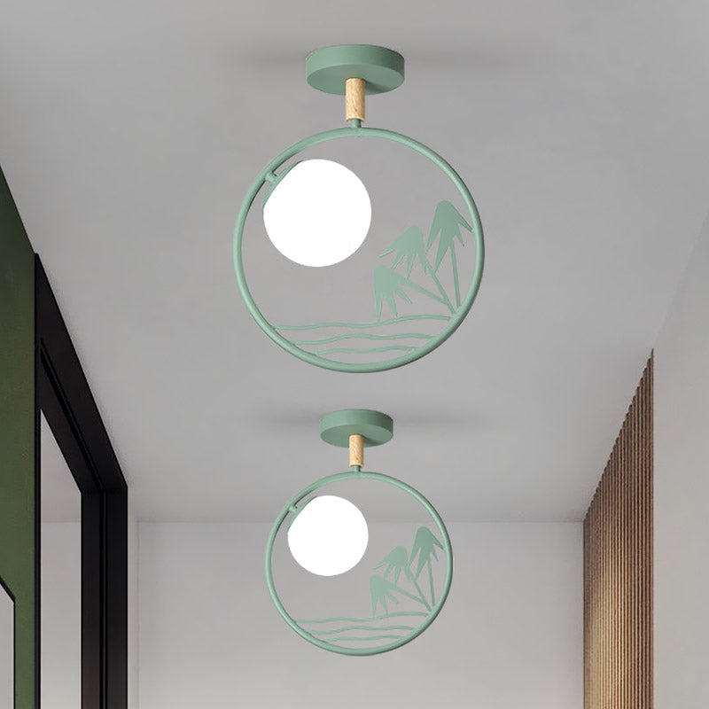 Iron Loop Semi Mount Lighting Macaron Ceiling Flush with Opal Glass Shade - 1 Light, White/Grey/Green Finish