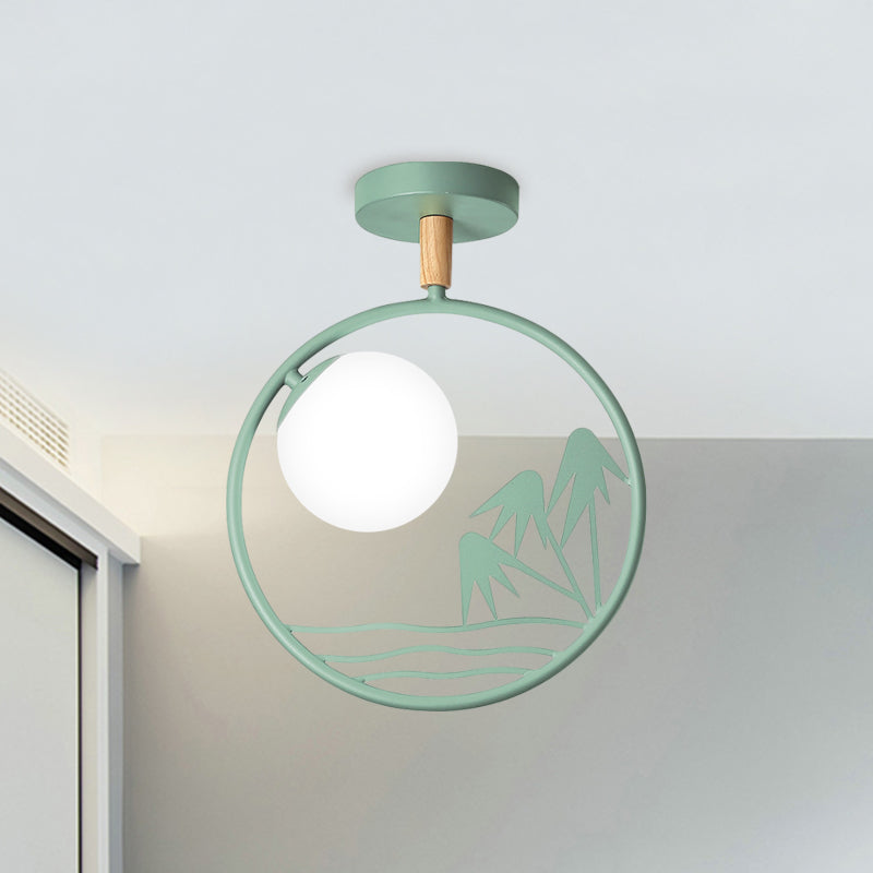 Iron Loop Semi Mount Lighting Macaron 1 Light Ceiling Flush With Ball Opal Glass Shade