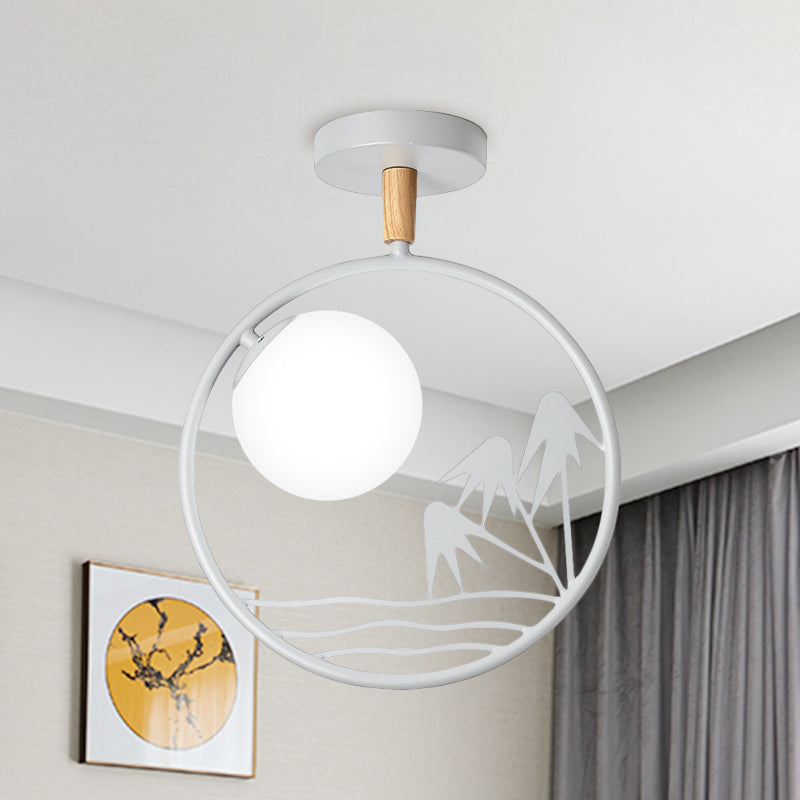 Iron Loop Semi Mount Lighting Macaron Ceiling Flush with Opal Glass Shade - 1 Light, White/Grey/Green Finish