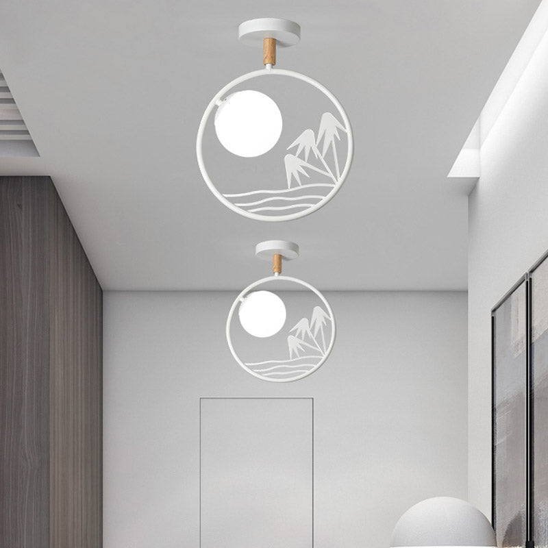 Iron Loop Semi Mount Lighting Macaron Ceiling Flush with Opal Glass Shade - 1 Light, White/Grey/Green Finish